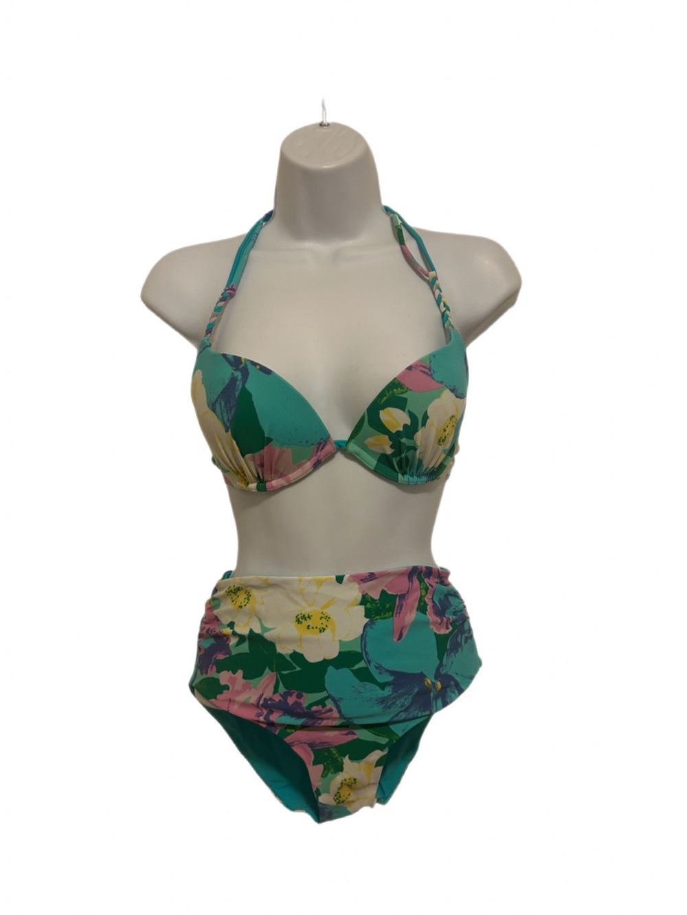 Aerie 36B Floral High-Waist Bikini Set in Teal and Pink - Women Swim